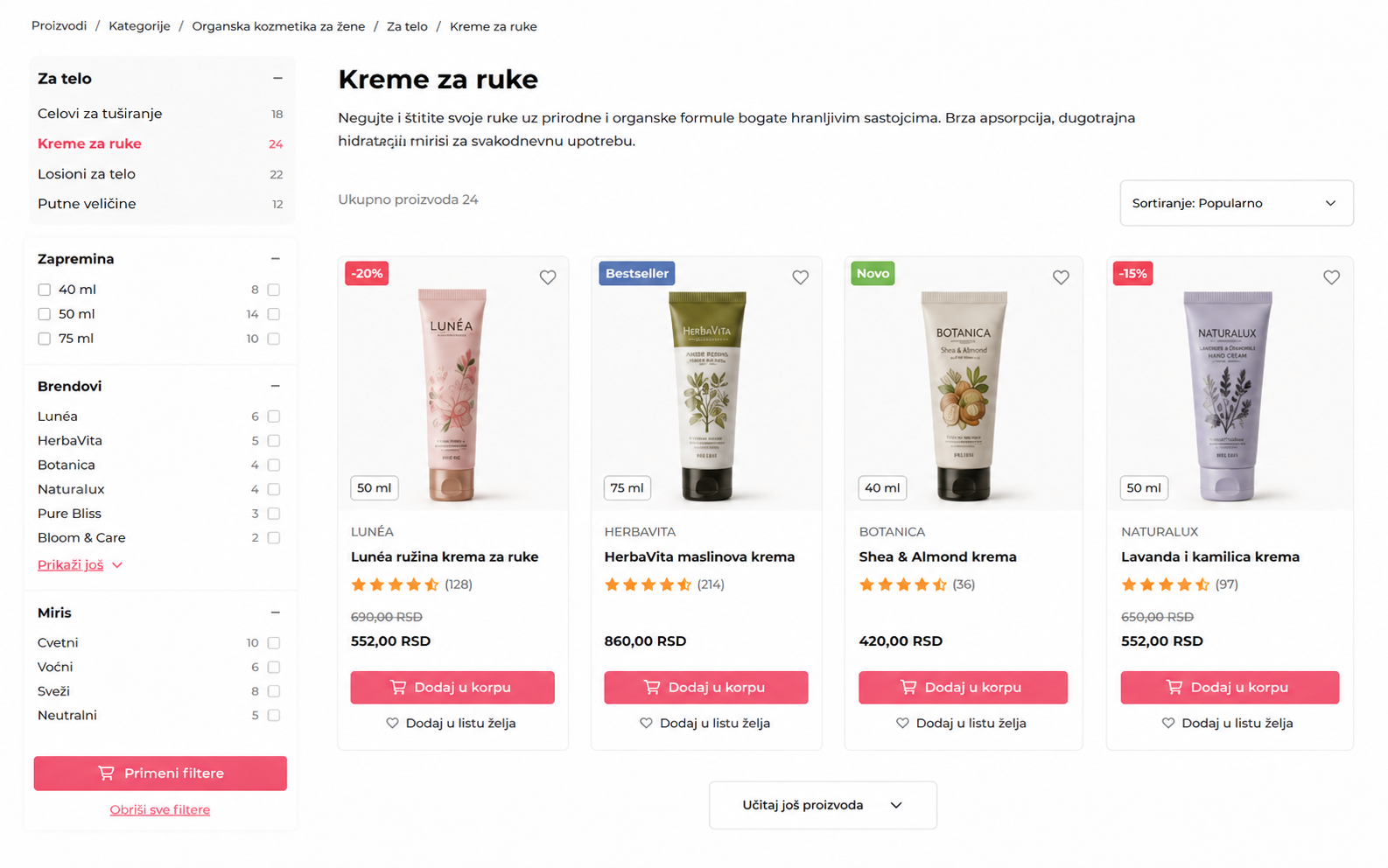 CS Shop stranica proizvoda sa kremama